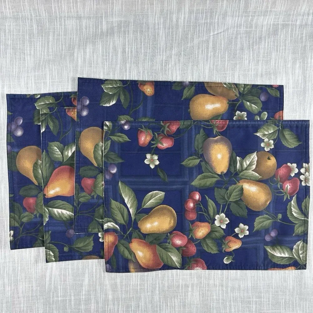 Vintage Handmade Placemats Set Of 4 Cranston Fruit Fabric Handmade MCM Blue